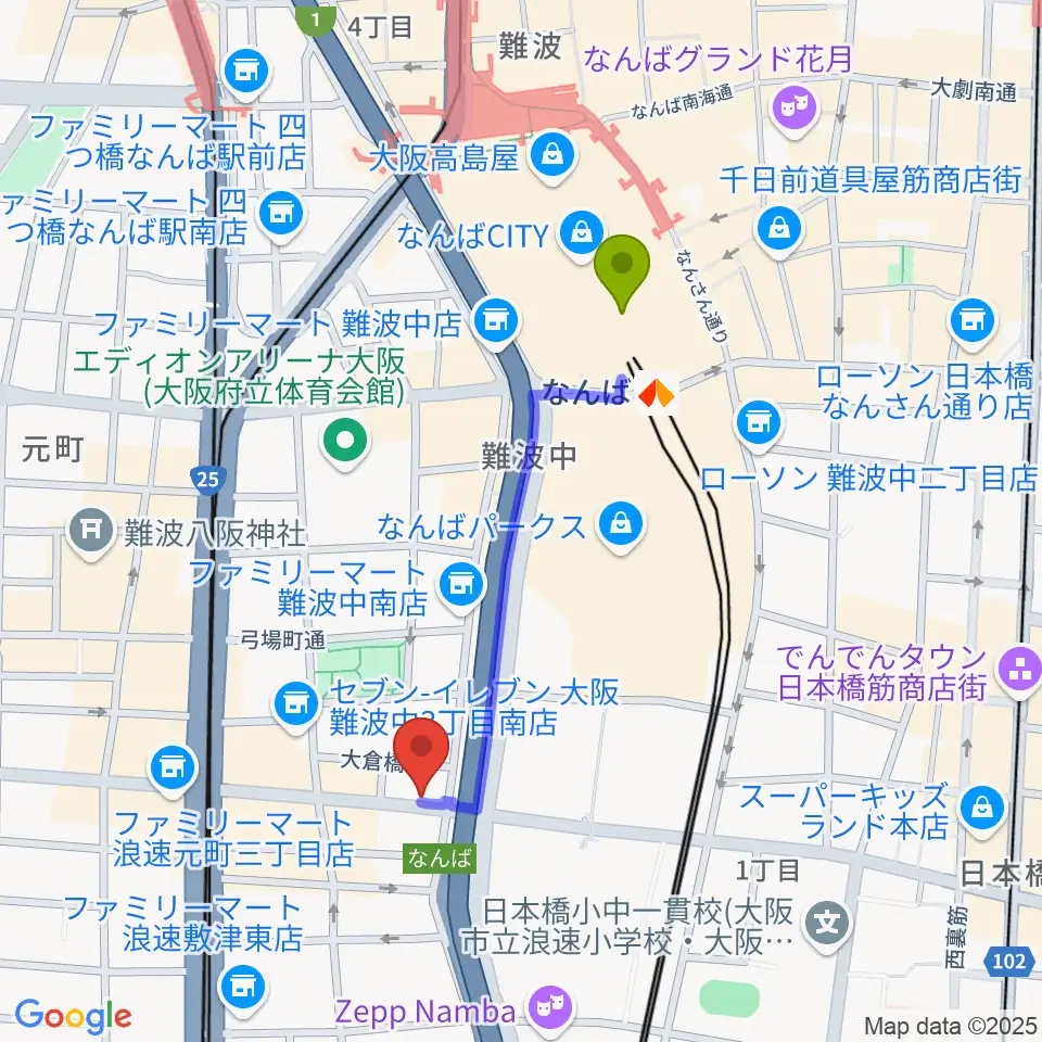 難波駅から難波ベアーズへのルートマップ地図