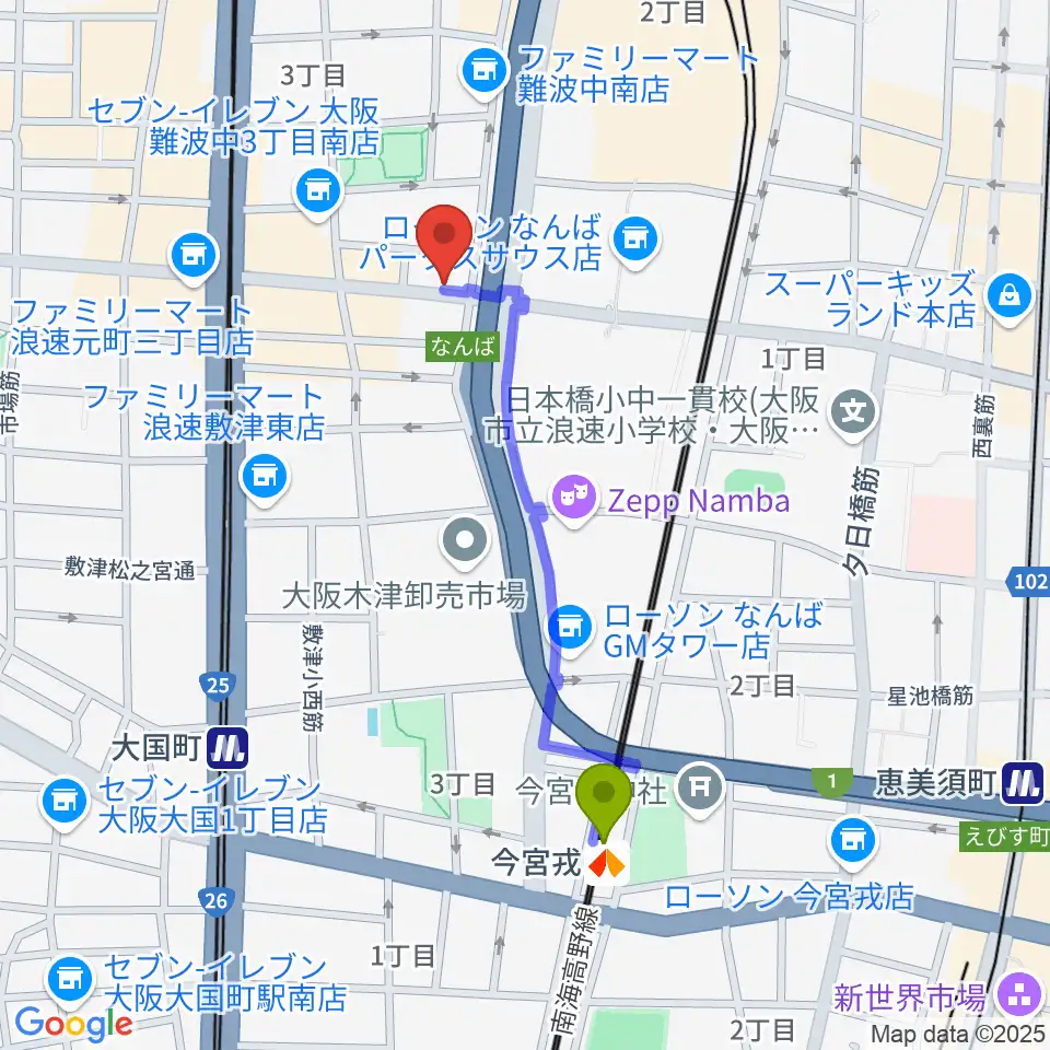 今宮戎駅から難波ベアーズへのルートマップ地図