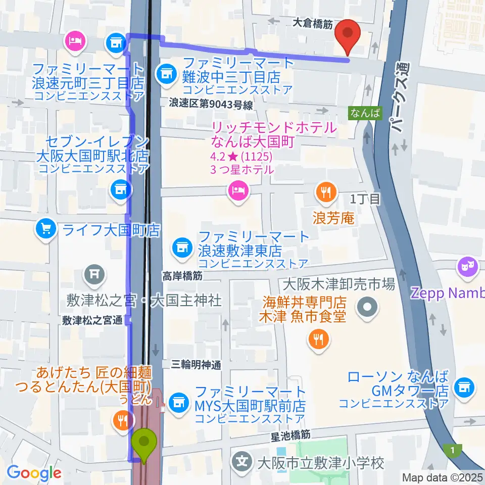 難波ベアーズの最寄駅大国町駅からの徒歩ルート（約7分）地図