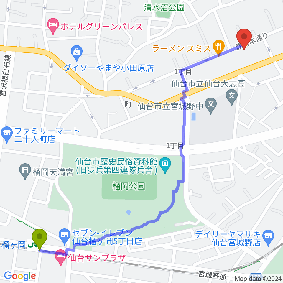 榴ケ岡駅からUNION / FUNNELへのルートマップ地図