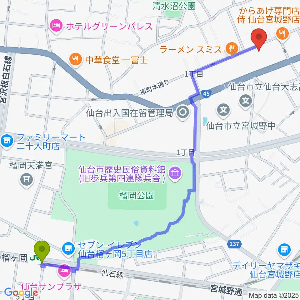 榴ケ岡駅からUNION / FUNNELへのルートマップ地図