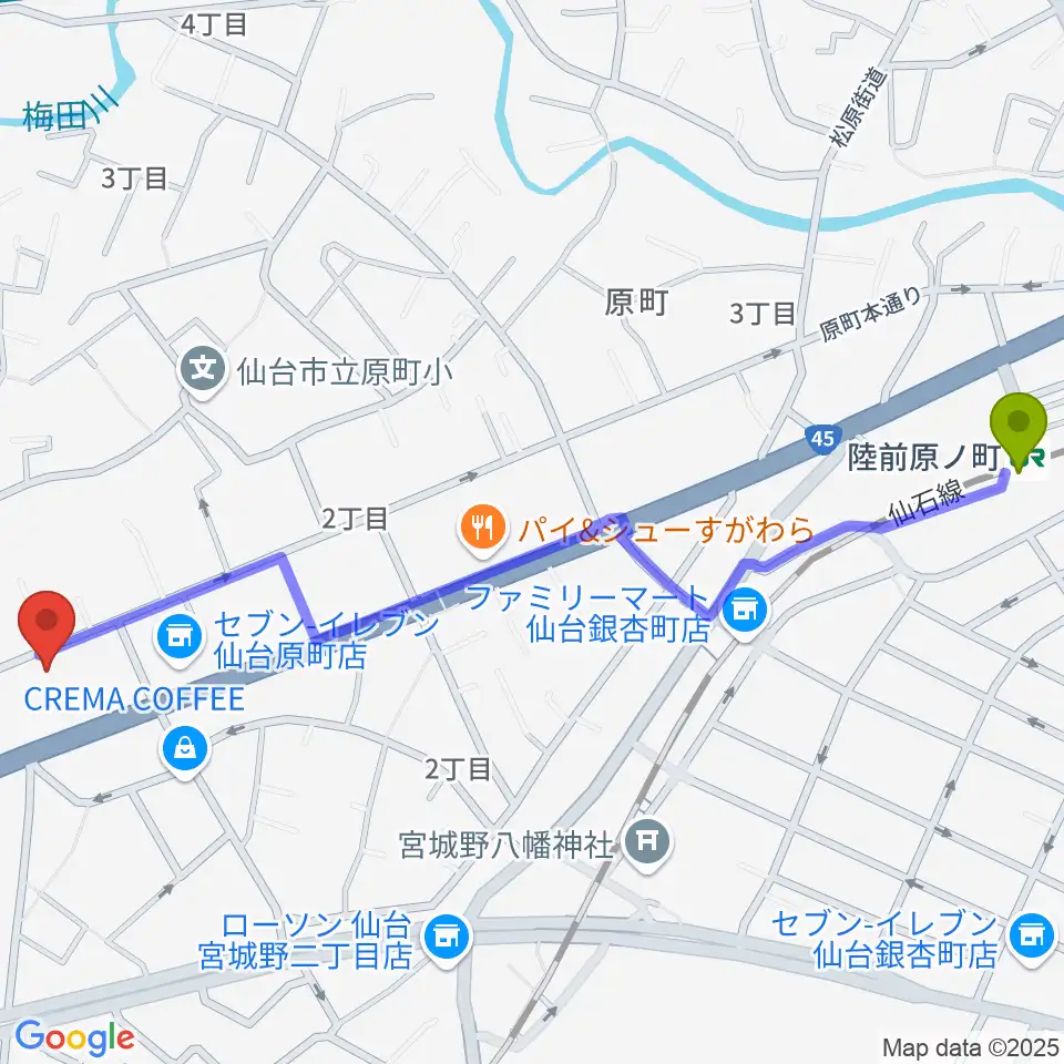 陸前原ノ町駅からUNION / FUNNELへのルートマップ地図