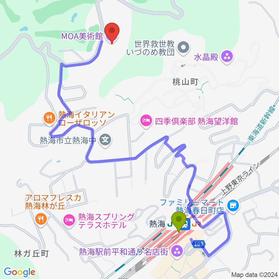 MOA美術館の最寄駅熱海駅からの徒歩ルート（約11分）地図