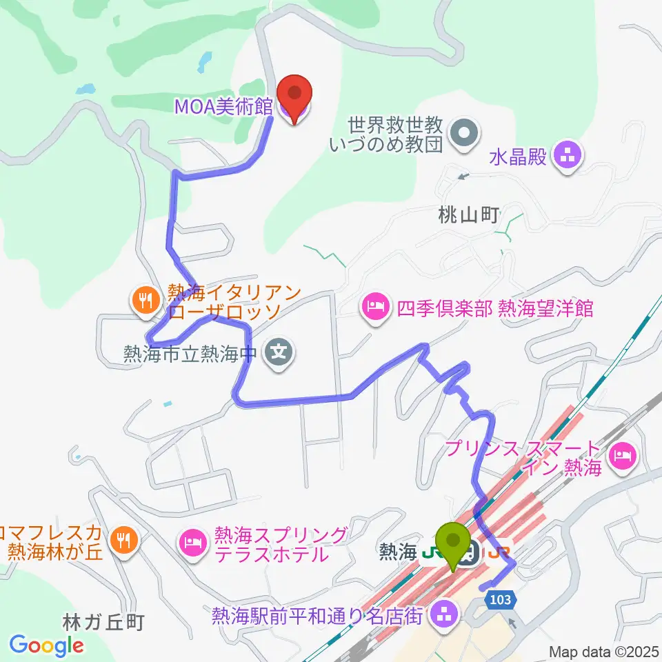 MOA美術館の最寄駅熱海駅からの徒歩ルート（約11分）地図