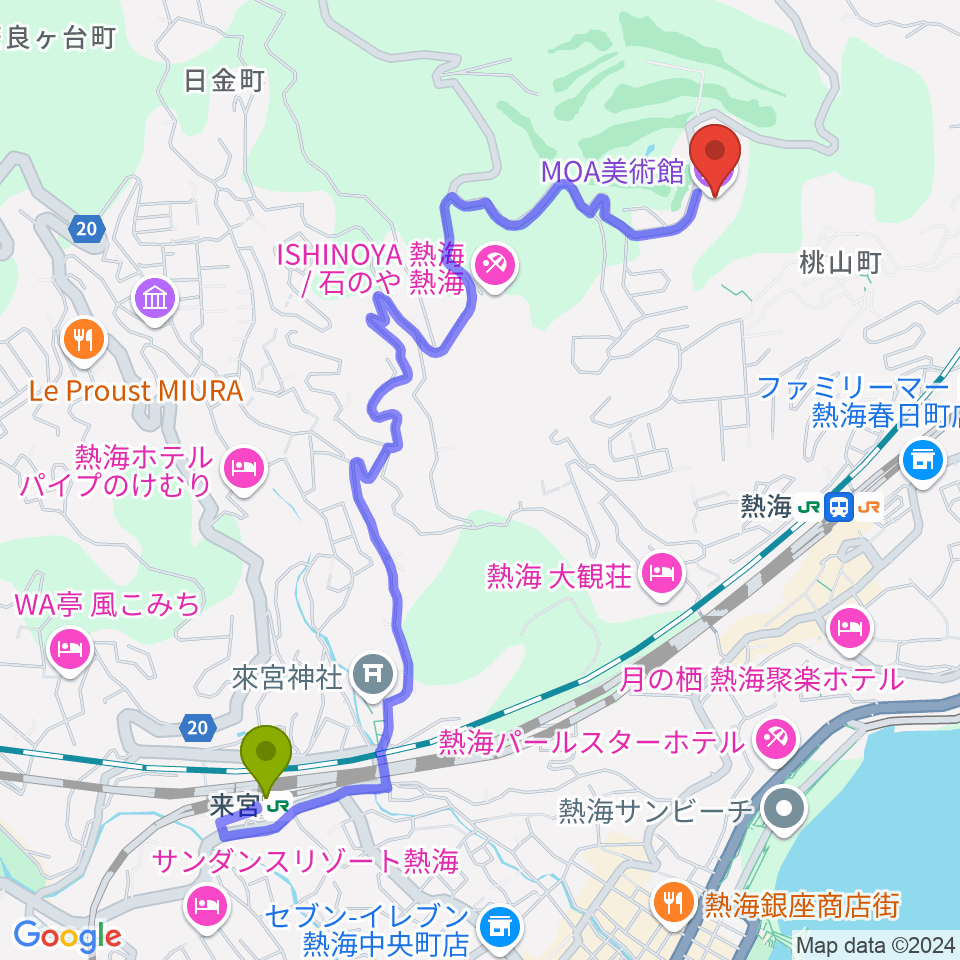 来宮駅からMOA美術館へのルートマップ地図