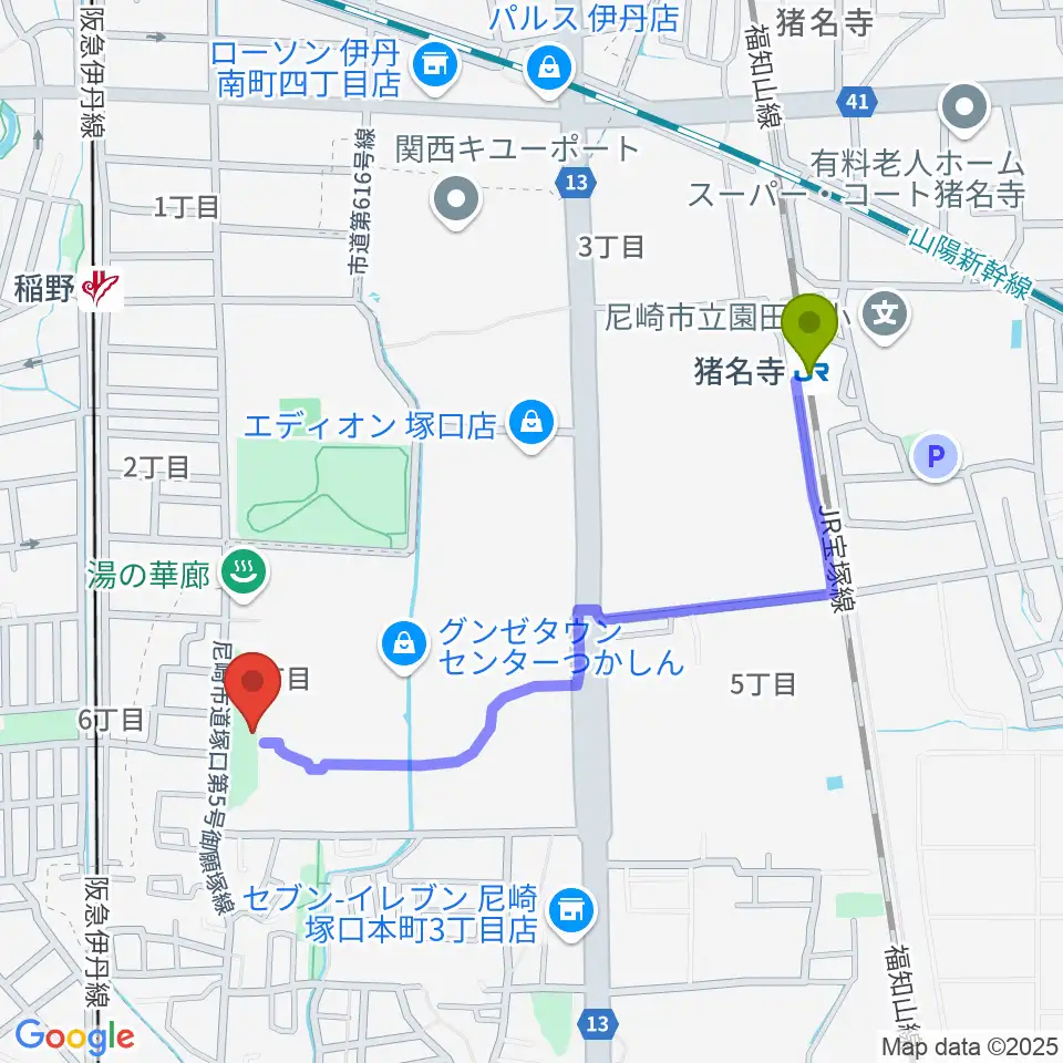 猪名寺駅からローゼンビートクライネルザールへのルートマップ地図