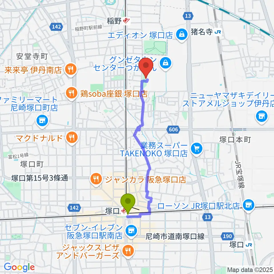 塚口駅からローゼンビートクライネルザールへのルートマップ地図