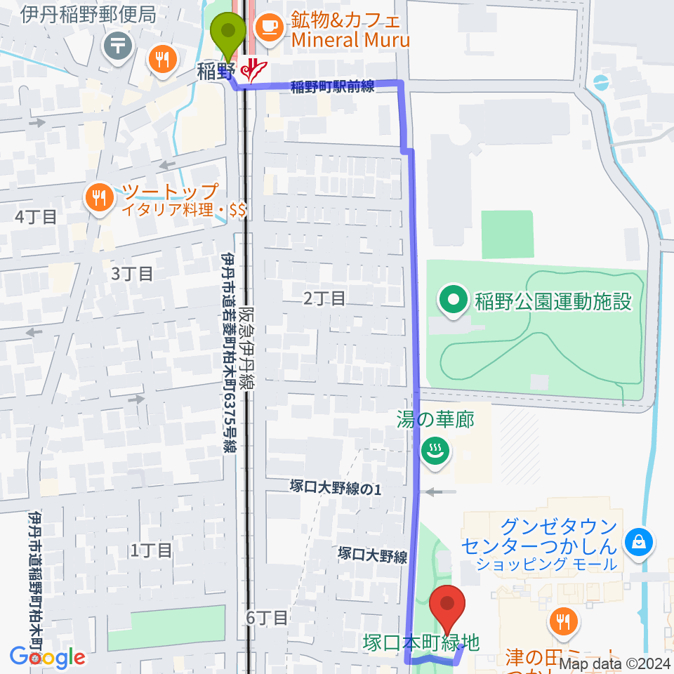 ローゼンビートクライネルザールの最寄駅稲野駅からの徒歩ルート（約7分）地図