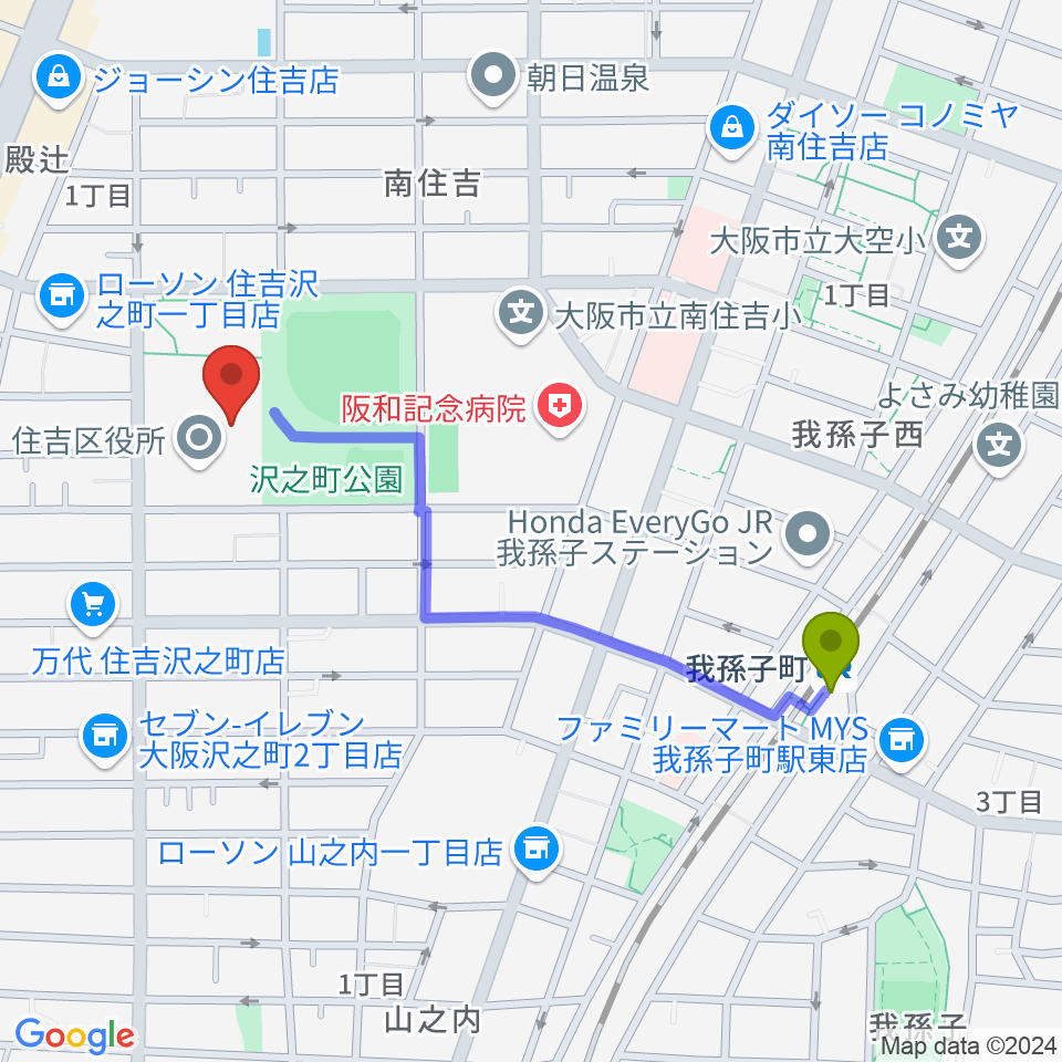 我孫子町駅から錦秀会 住吉区民センターへのルートマップ地図