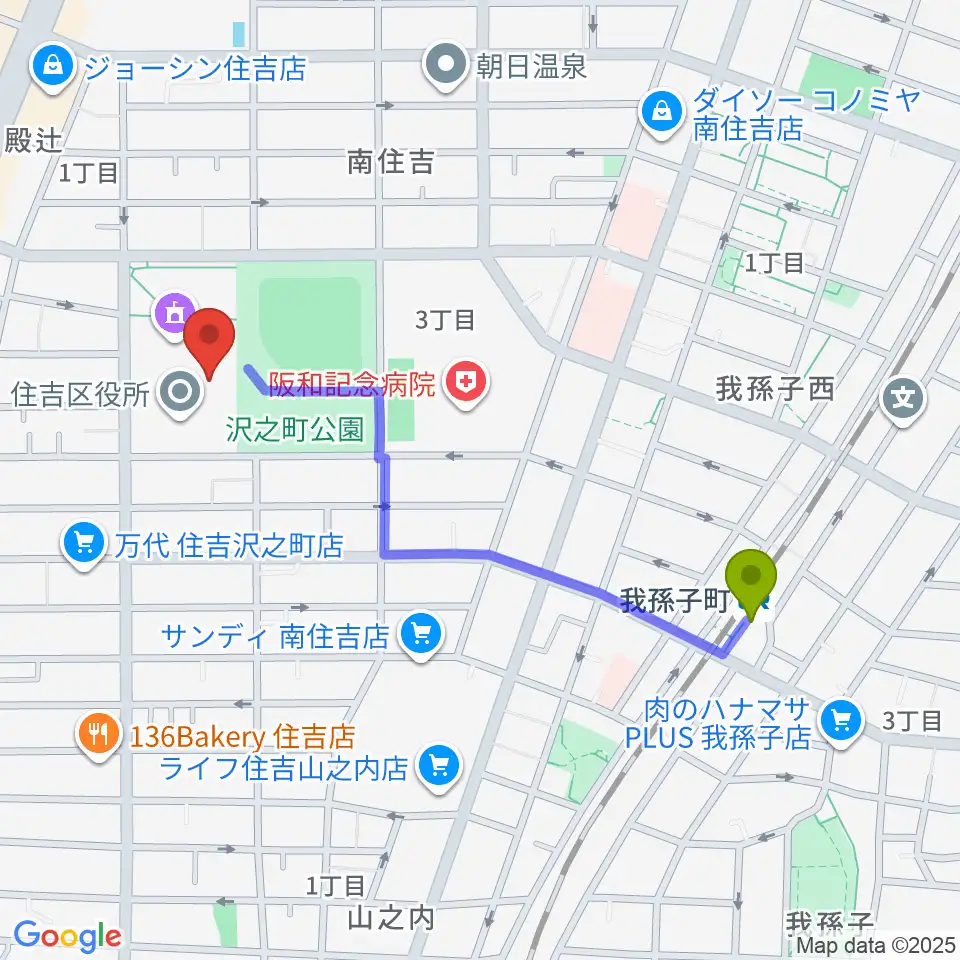 我孫子町駅から錦秀会 住吉区民センターへのルートマップ地図