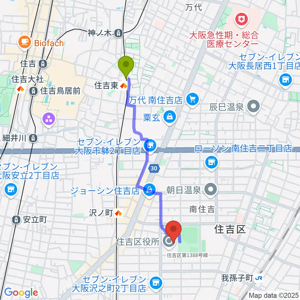 住吉東駅から錦秀会 住吉区民センターへのルートマップ地図