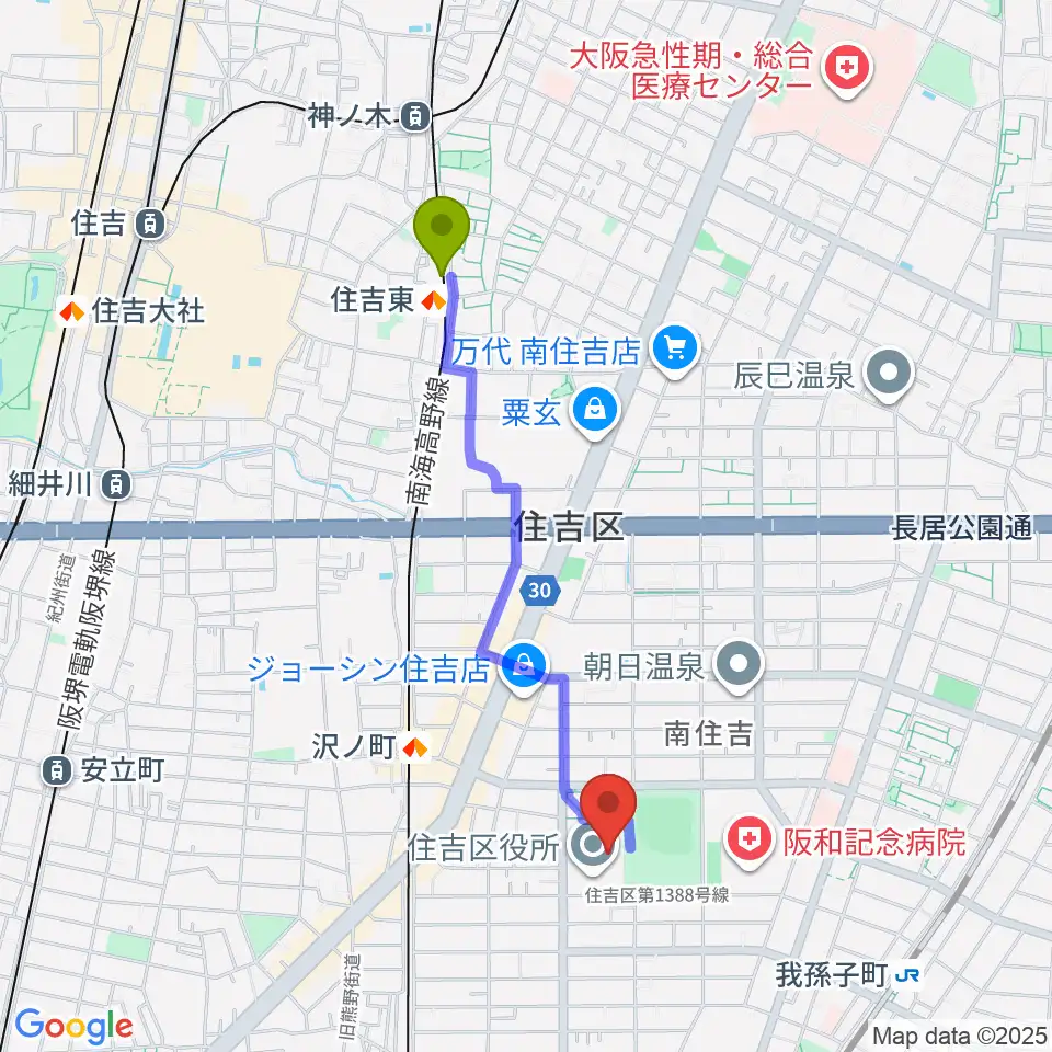 住吉東駅から錦秀会 住吉区民センターへのルートマップ地図