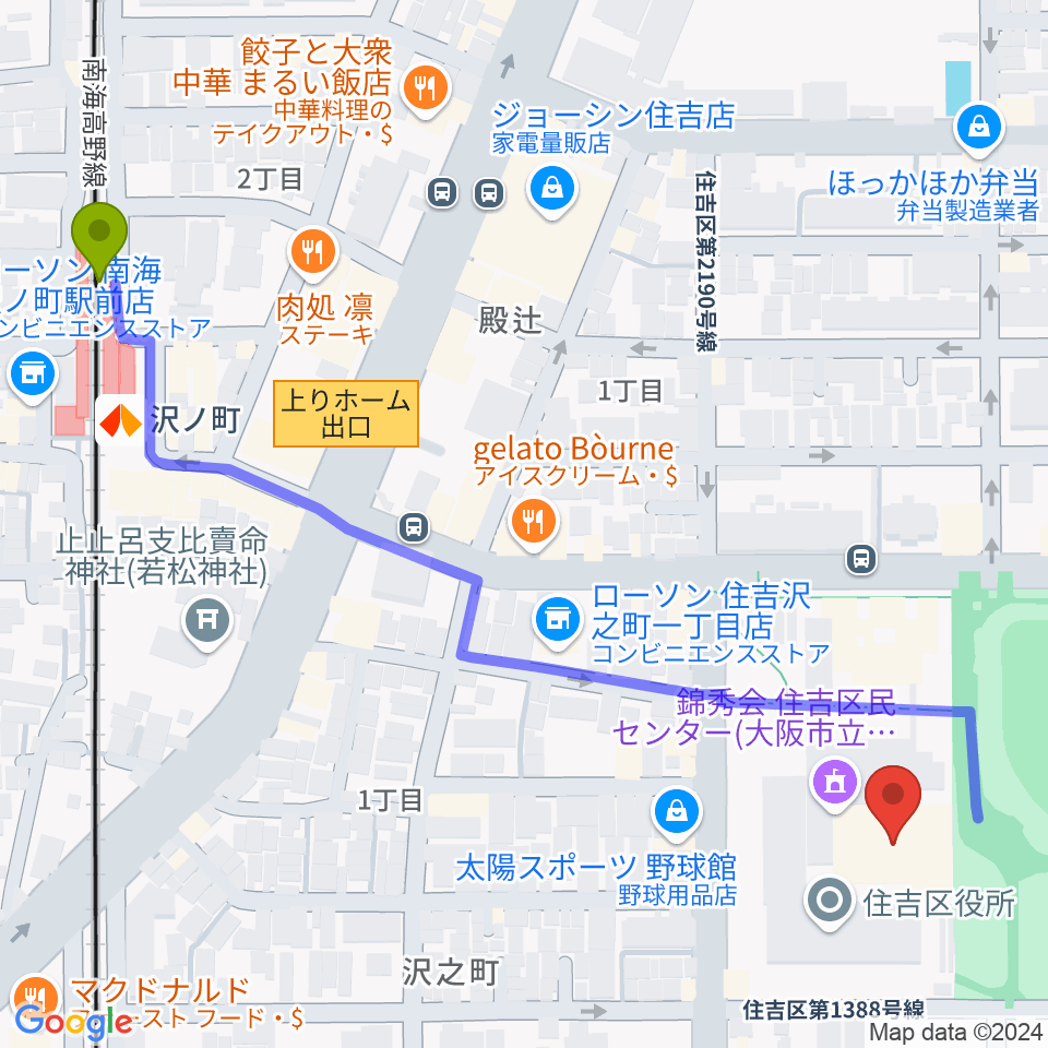 錦秀会 住吉区民センターの最寄駅沢ノ町駅からの徒歩ルート（約7分）地図