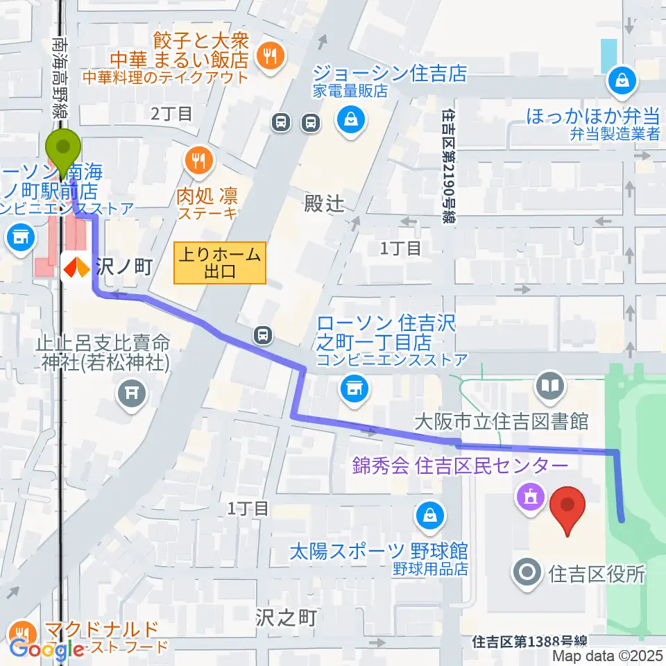 錦秀会 住吉区民センターの最寄駅沢ノ町駅からの徒歩ルート（約7分）地図