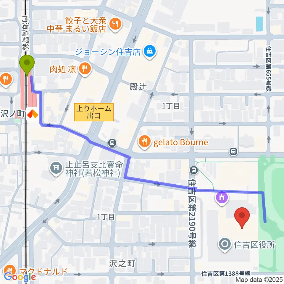 錦秀会 住吉区民センターの最寄駅沢ノ町駅からの徒歩ルート（約7分）地図