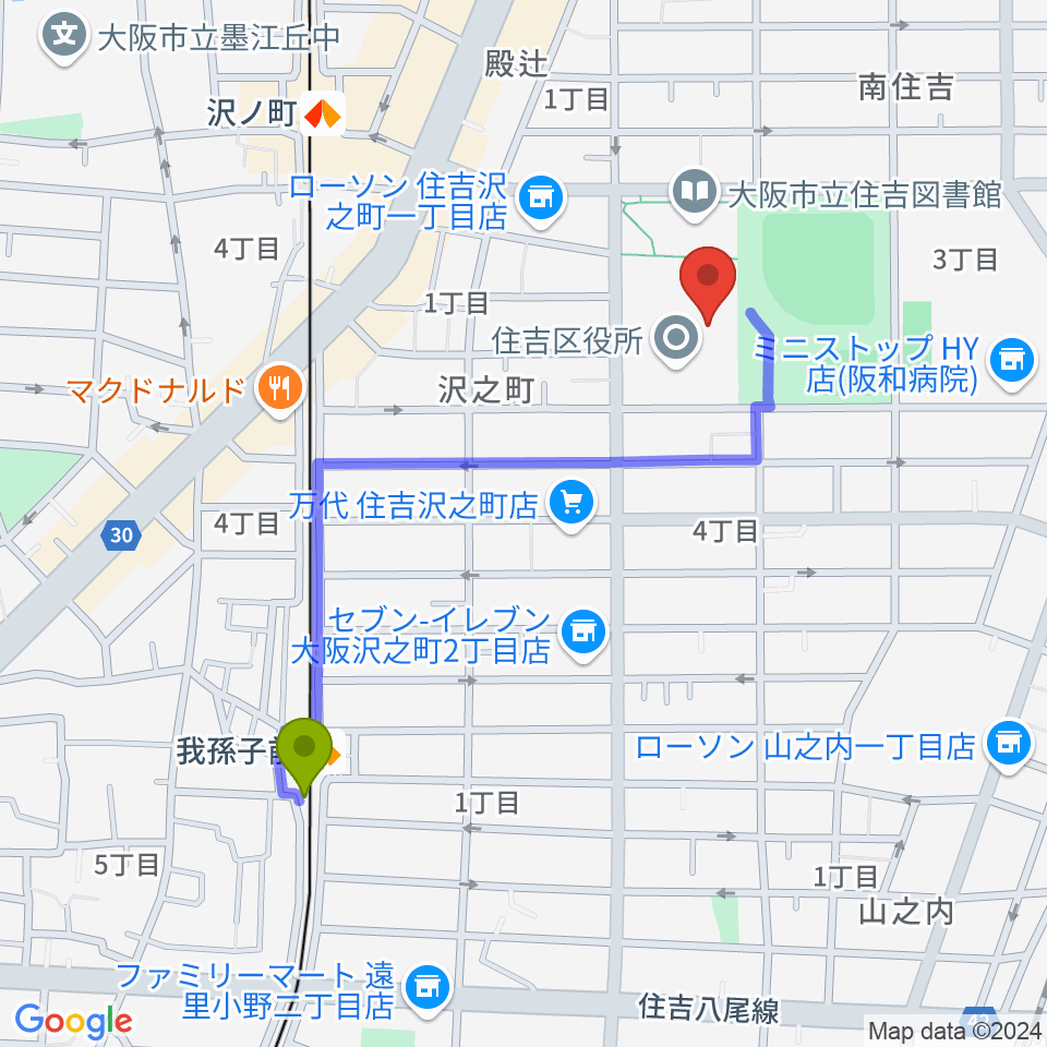 我孫子前駅から錦秀会 住吉区民センターへのルートマップ地図