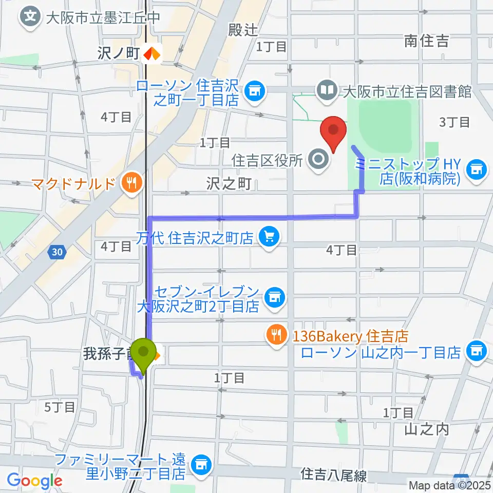 我孫子前駅から錦秀会 住吉区民センターへのルートマップ地図