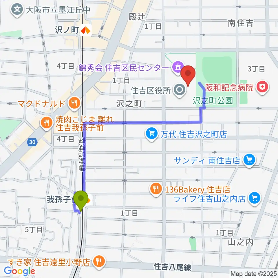 我孫子前駅から錦秀会 住吉区民センターへのルートマップ地図