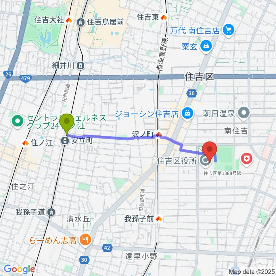 安立町駅から錦秀会 住吉区民センターへのルートマップ地図