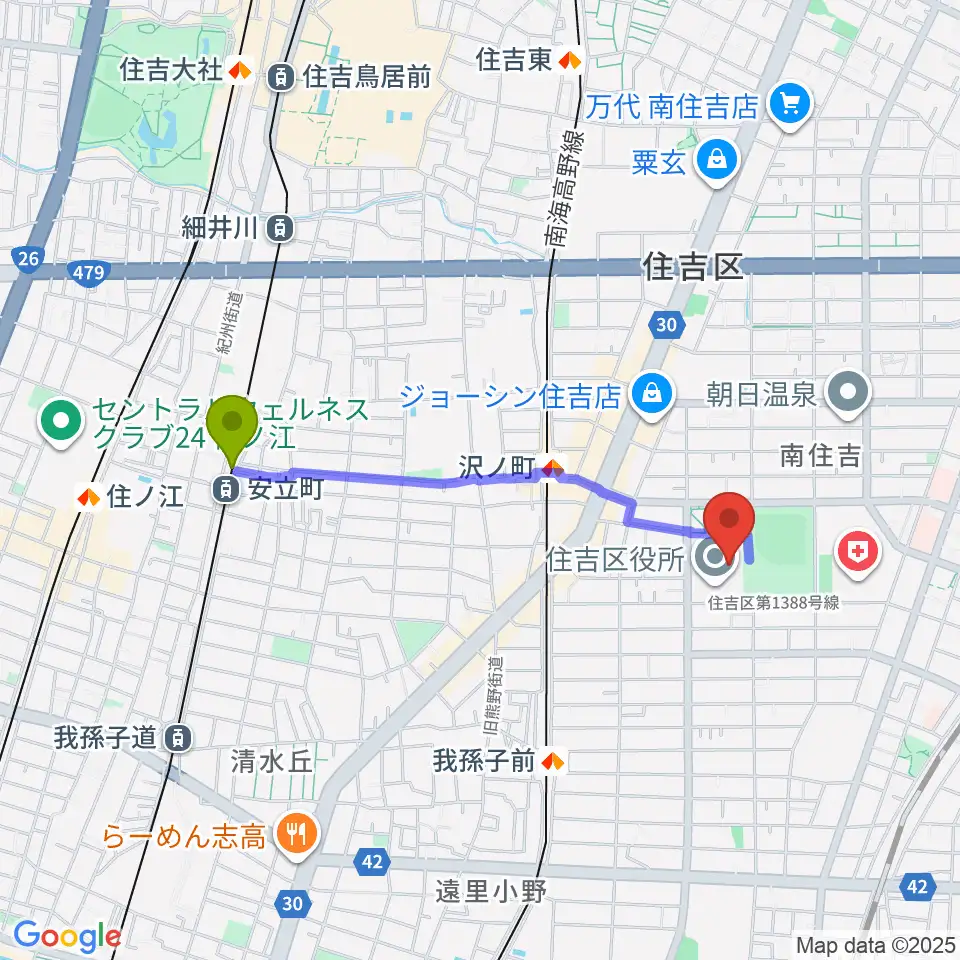 安立町駅から錦秀会 住吉区民センターへのルートマップ地図