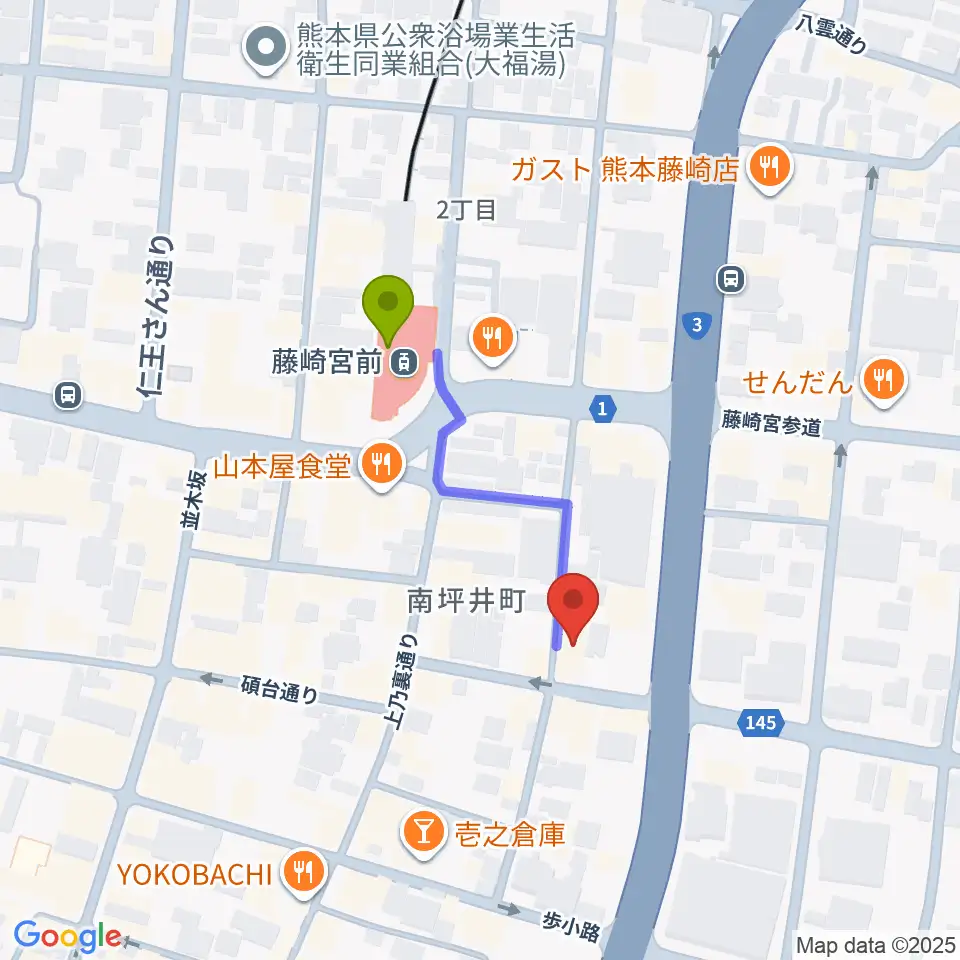 熊本NAVAROの最寄駅藤崎宮前駅からの徒歩ルート（約3分）地図