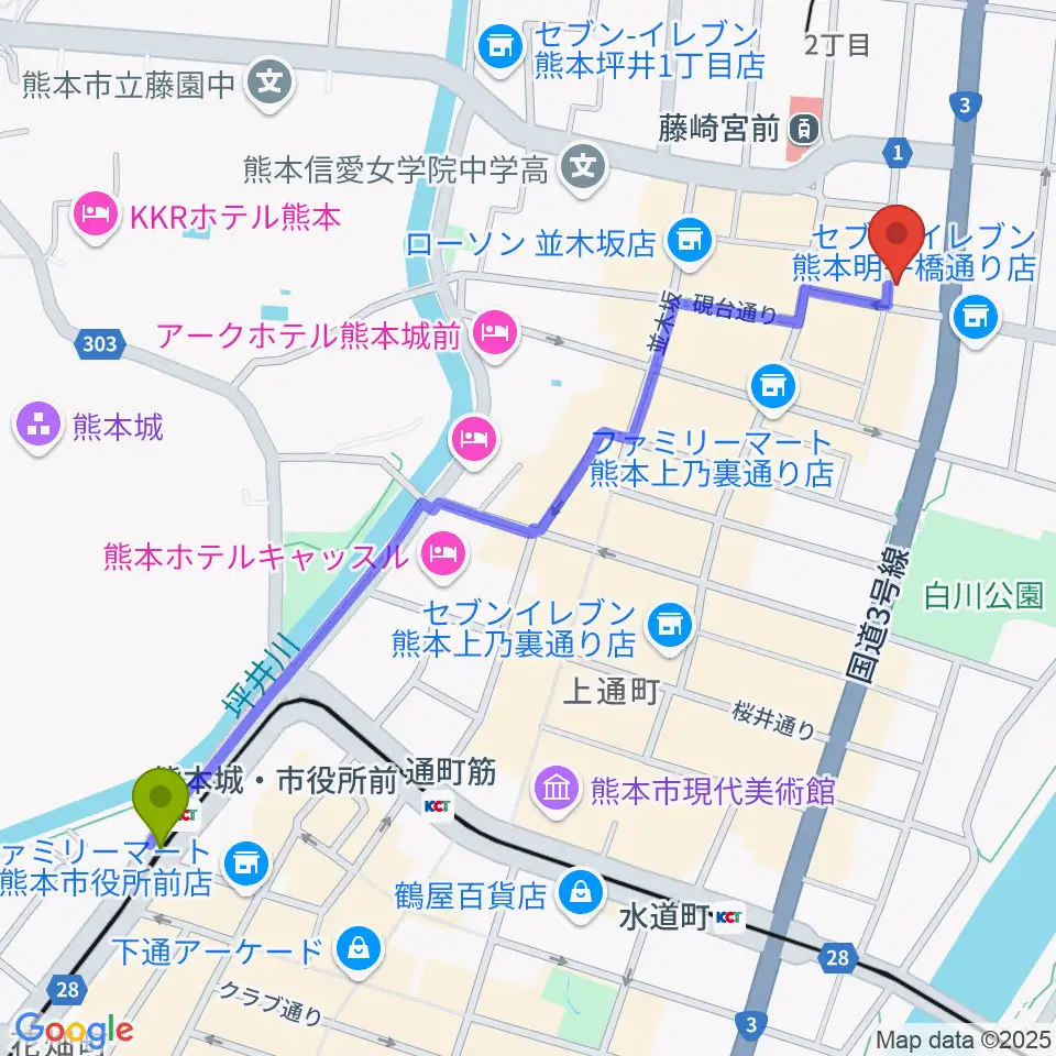 熊本城・市役所前駅から熊本NAVAROへのルートマップ地図