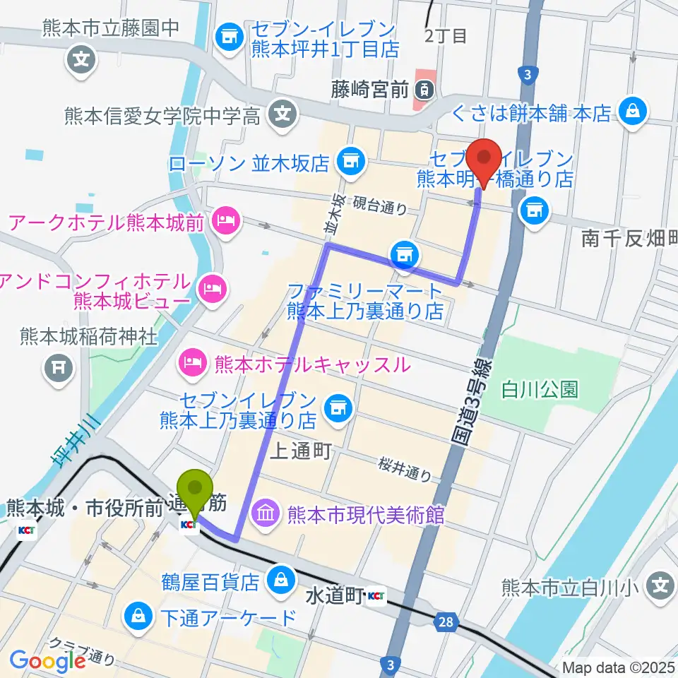通町筋駅から熊本NAVAROへのルートマップ地図
