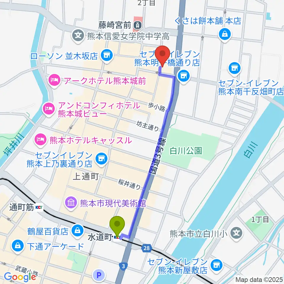 水道町駅から熊本NAVAROへのルートマップ地図