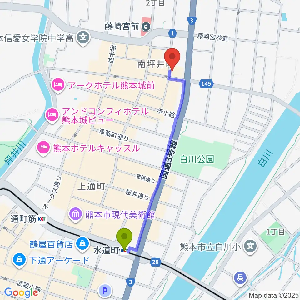 水道町駅から熊本NAVAROへのルートマップ地図