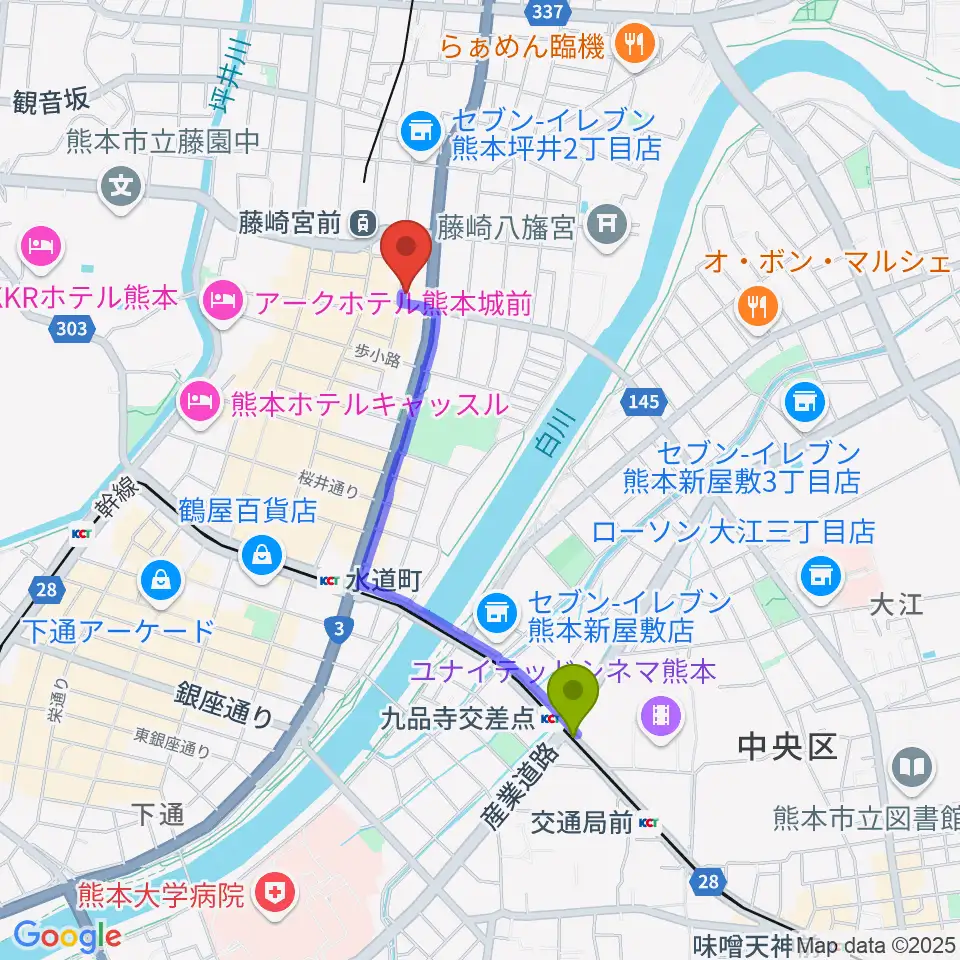 九品寺交差点駅から熊本NAVAROへのルートマップ地図