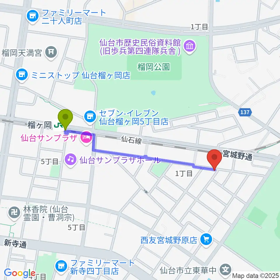 ギターハウスフレットの最寄駅榴ケ岡駅からの徒歩ルート（約8分）地図