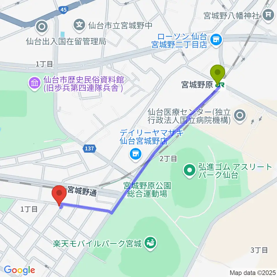 宮城野原駅からギターハウスフレットへのルートマップ地図