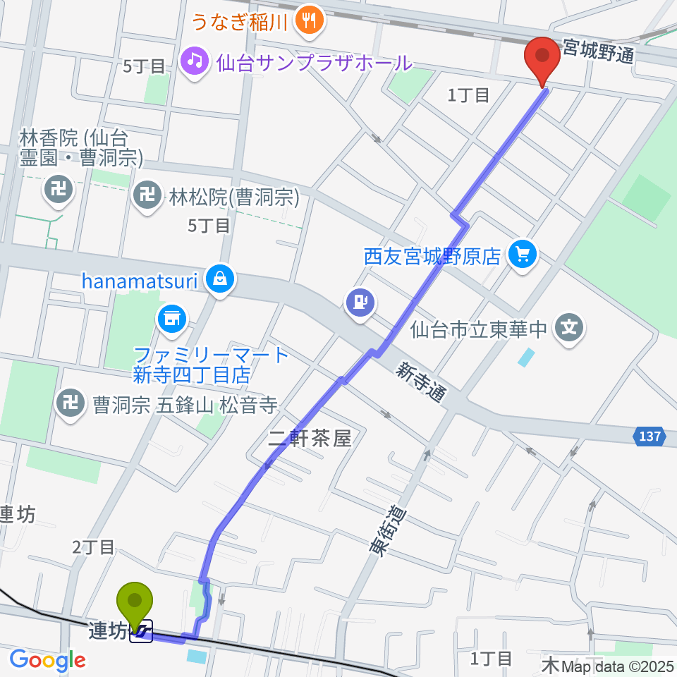 連坊駅からギターハウスフレットへのルートマップ地図