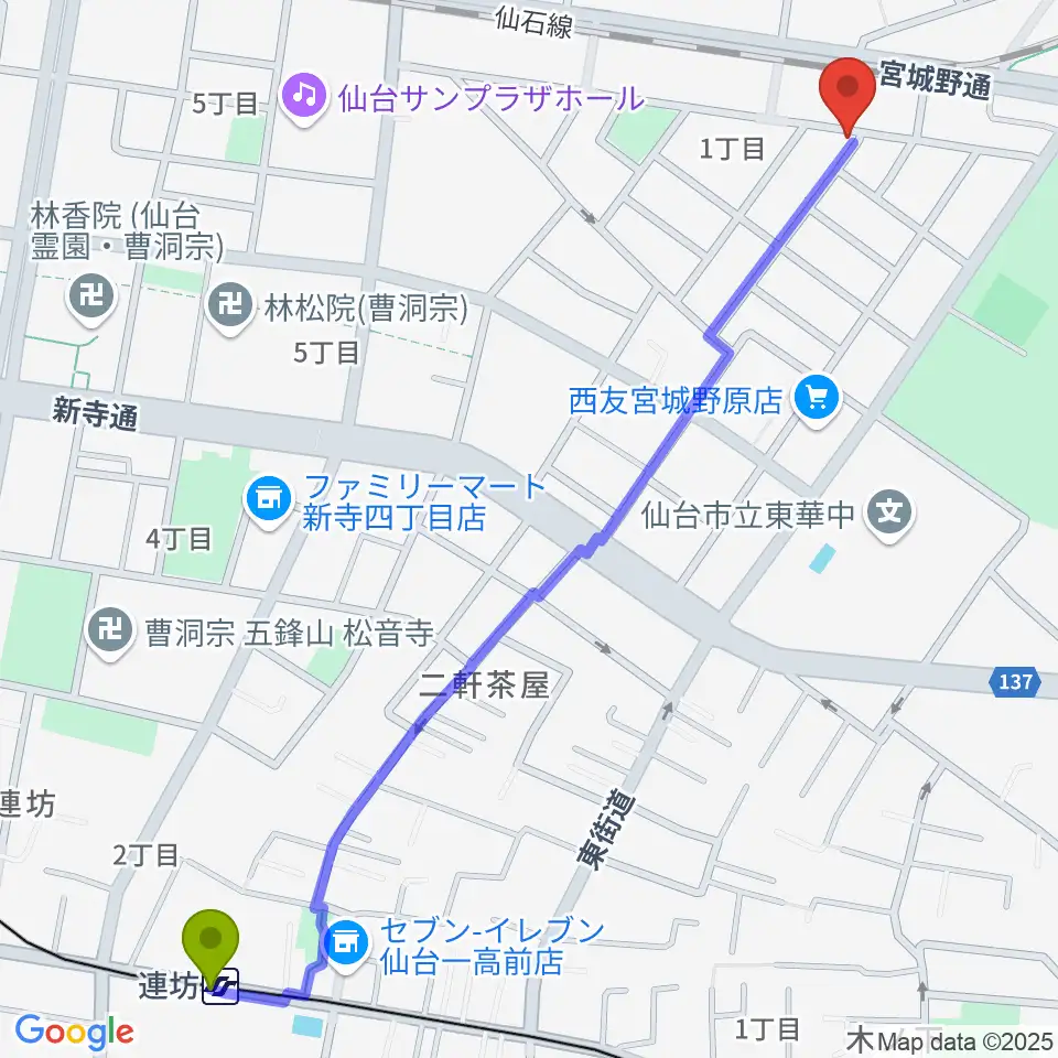 連坊駅からギターハウスフレットへのルートマップ地図