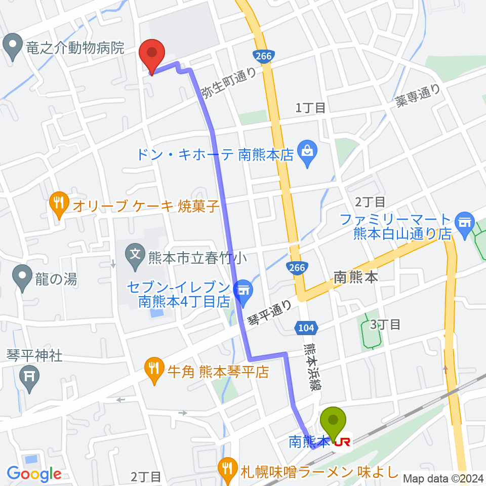 南熊本駅から熊本サロンDOLCEへのルートマップ地図