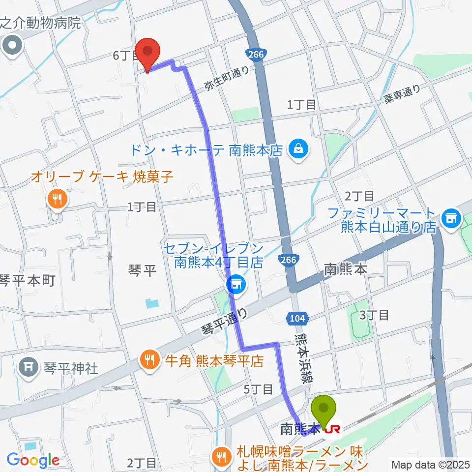 南熊本駅から熊本サロンDOLCEへのルートマップ地図