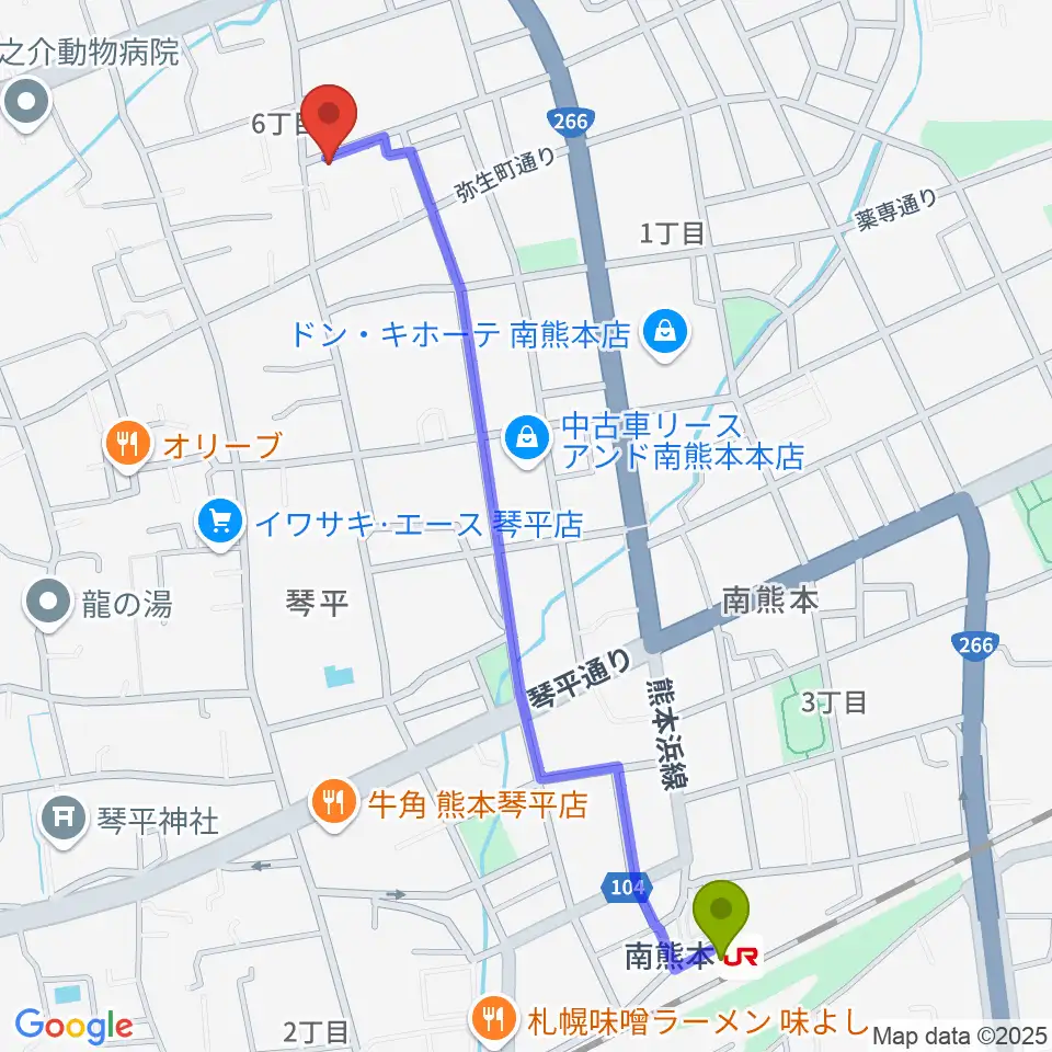 南熊本駅から熊本サロンDOLCEへのルートマップ地図