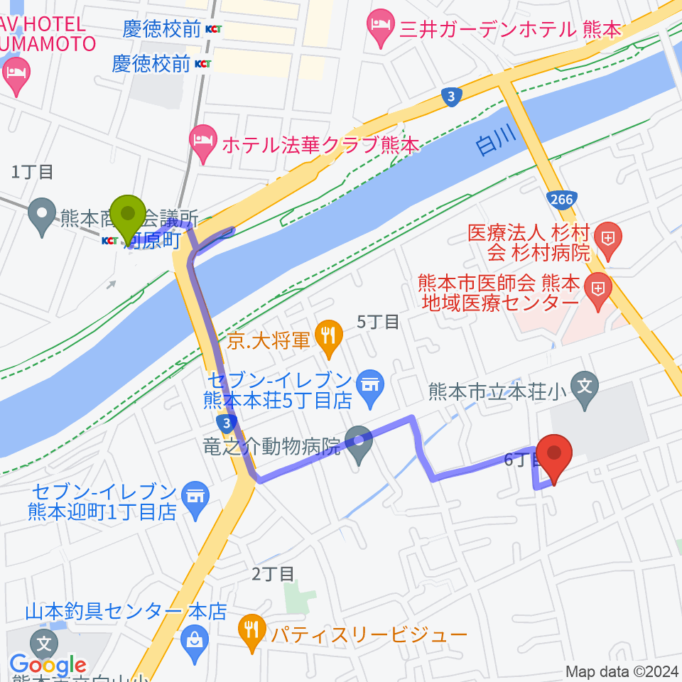 熊本サロンDOLCEの最寄駅河原町駅からの徒歩ルート（約12分）地図