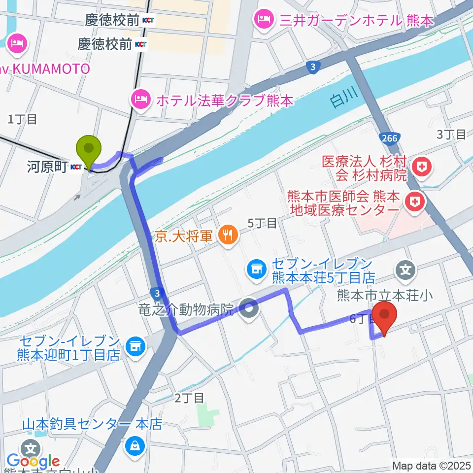 熊本サロンDOLCEの最寄駅河原町駅からの徒歩ルート（約12分）地図