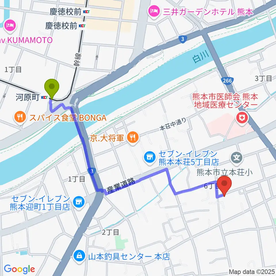 熊本サロンDOLCEの最寄駅河原町駅からの徒歩ルート（約12分）地図