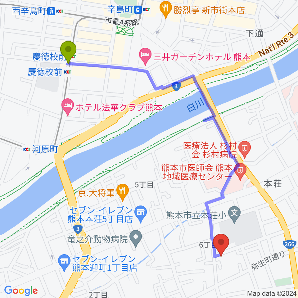 慶徳校前駅から熊本サロンDOLCEへのルートマップ地図