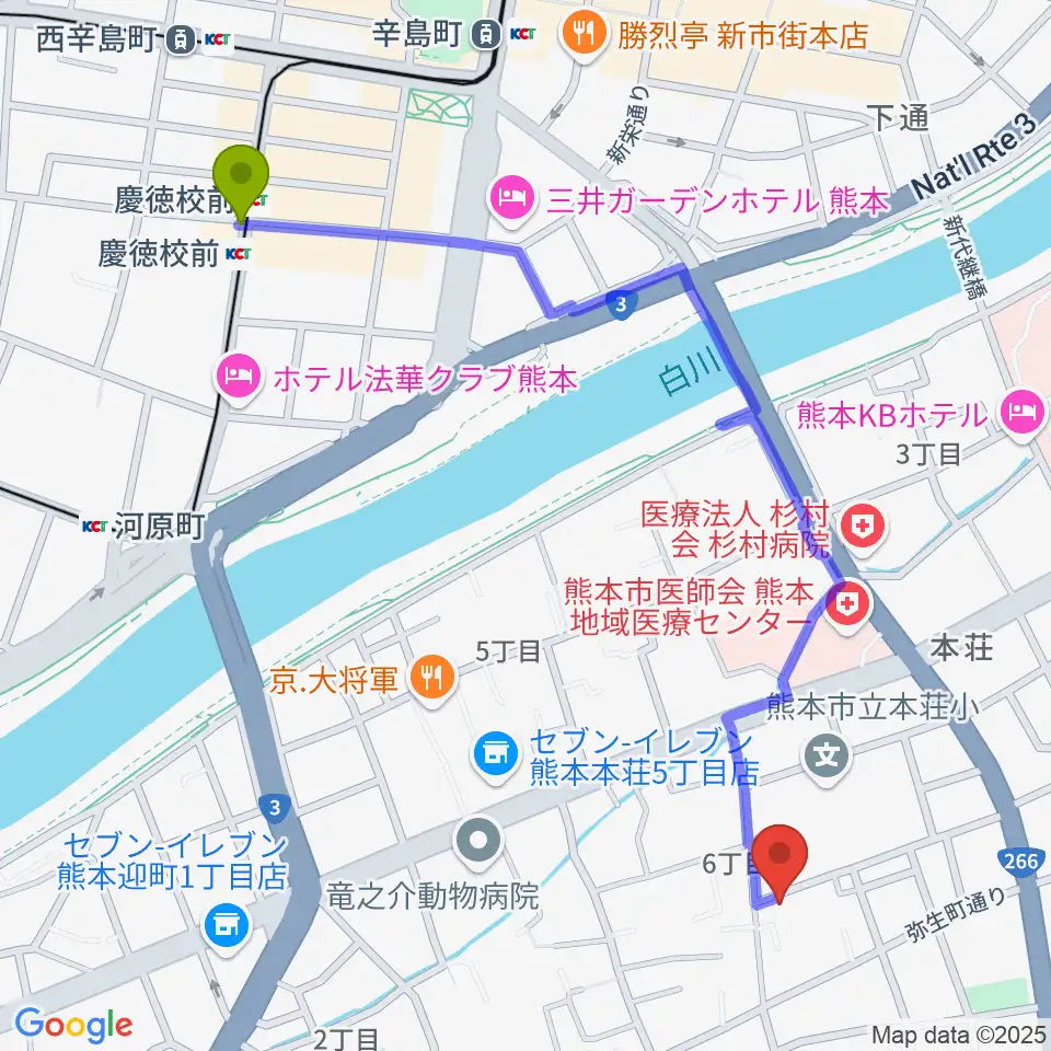 慶徳校前駅から熊本サロンDOLCEへのルートマップ地図