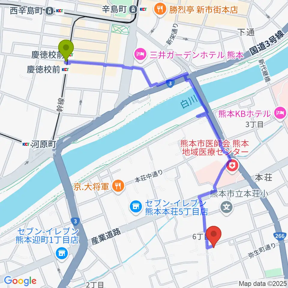慶徳校前駅から熊本サロンDOLCEへのルートマップ地図