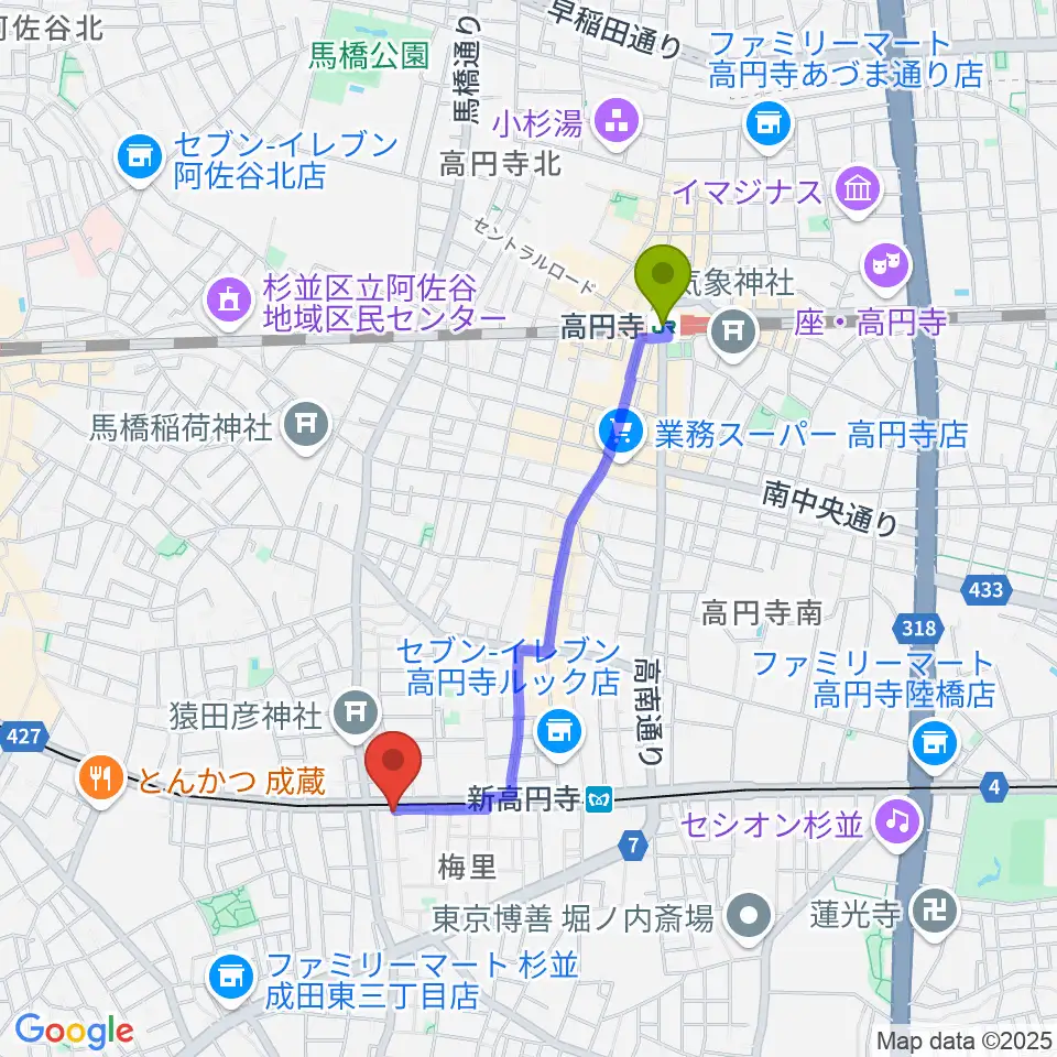 高円寺駅からOTOlabへのルートマップ地図