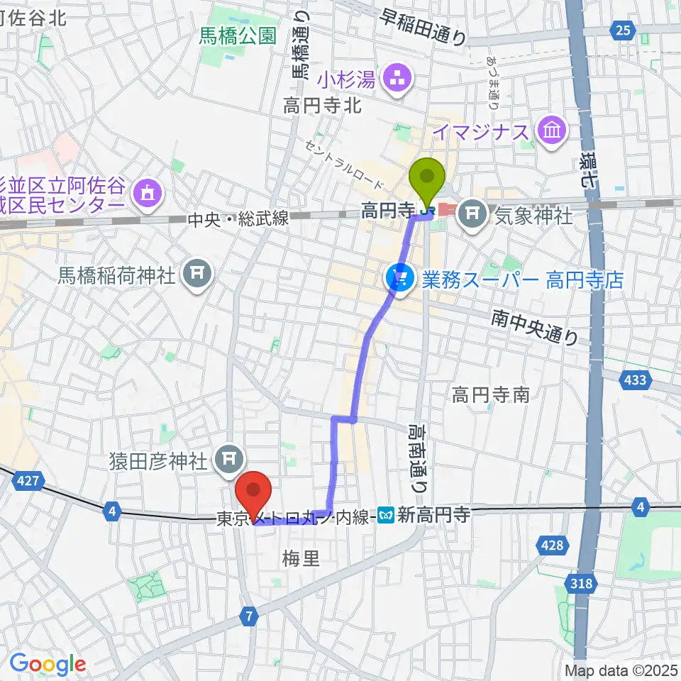 高円寺駅からOTOlabへのルートマップ地図