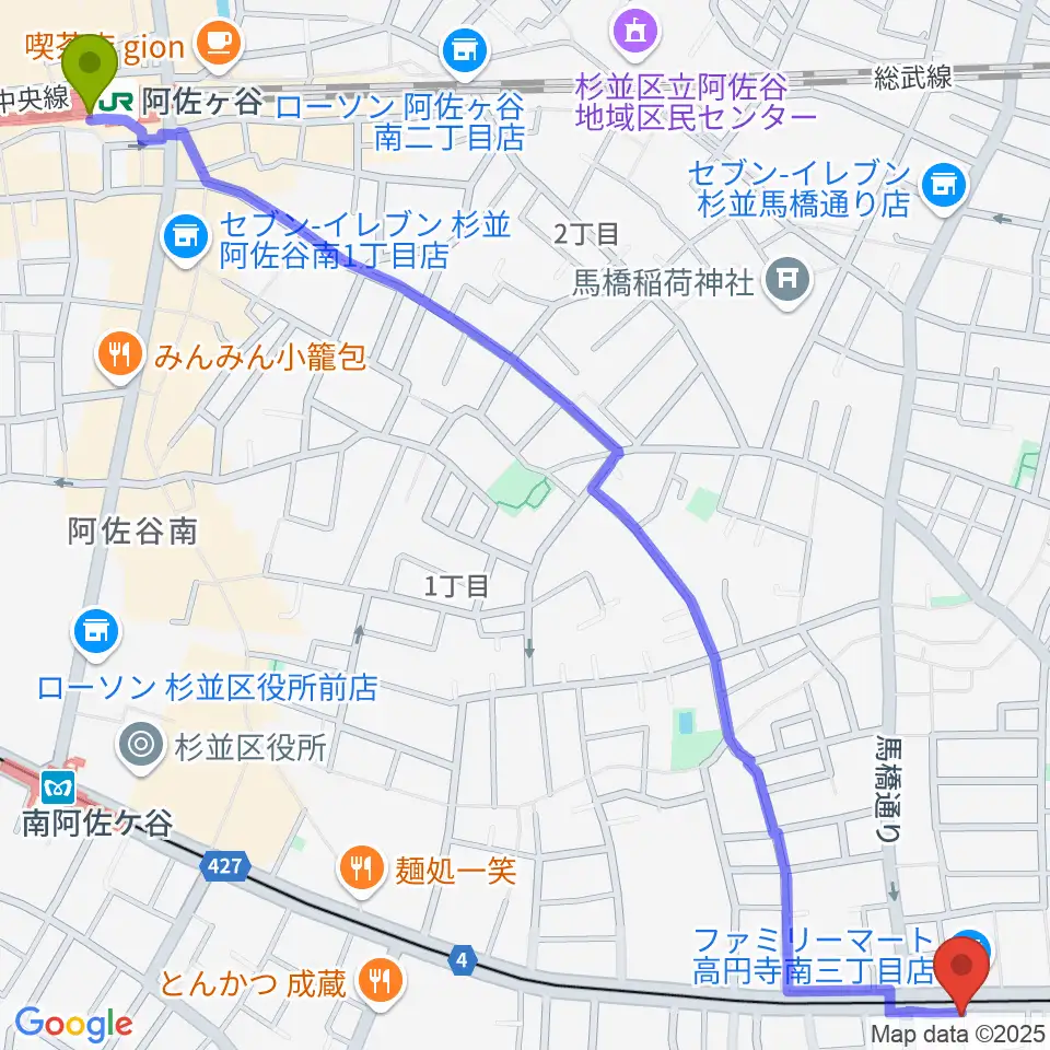 阿佐ケ谷駅からOTOlabへのルートマップ地図