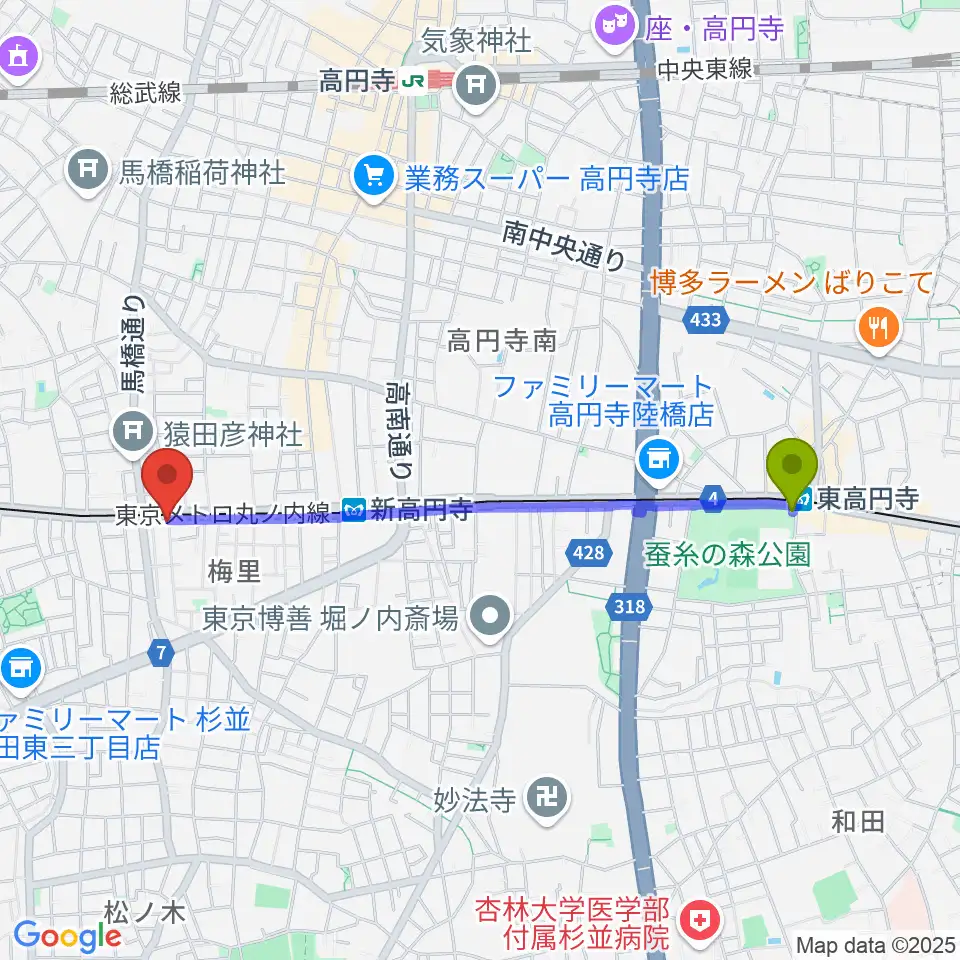 東高円寺駅からOTOlabへのルートマップ地図