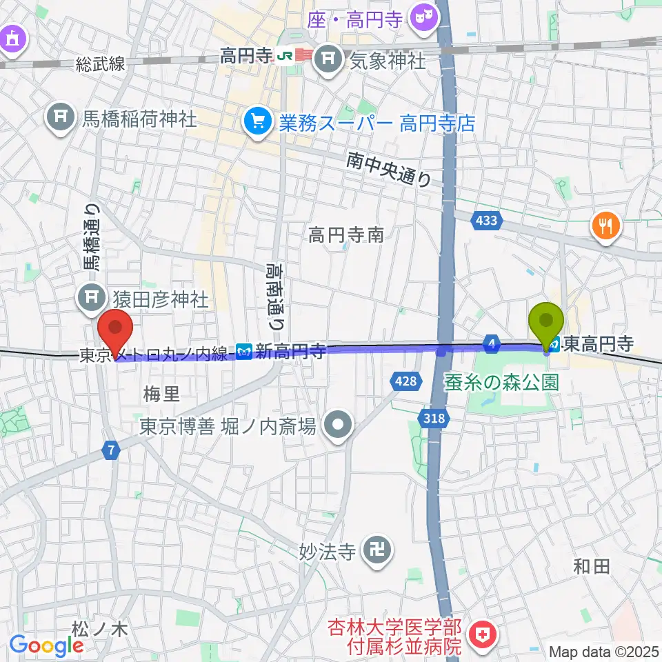 東高円寺駅からOTOlabへのルートマップ地図