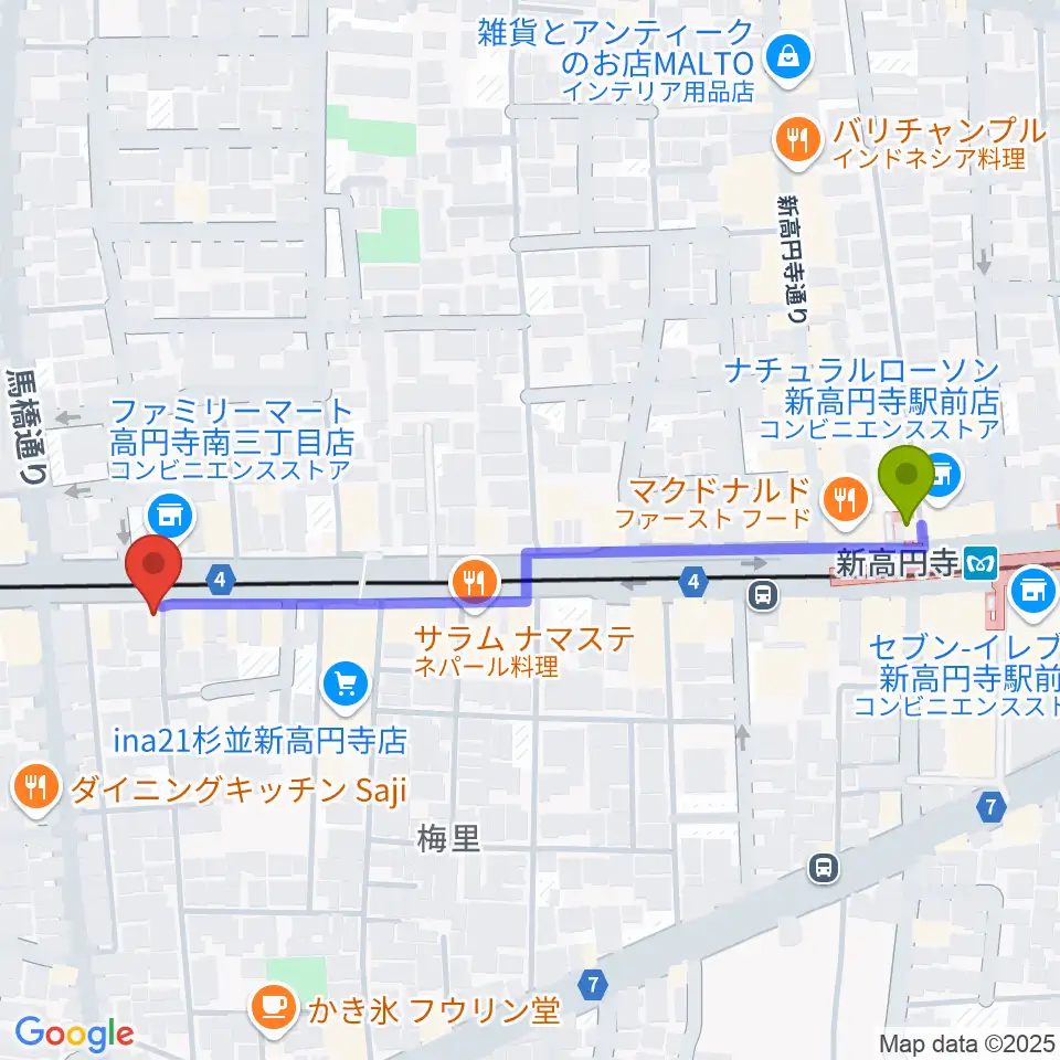 OTOlabの最寄駅新高円寺駅からの徒歩ルート（約6分）地図