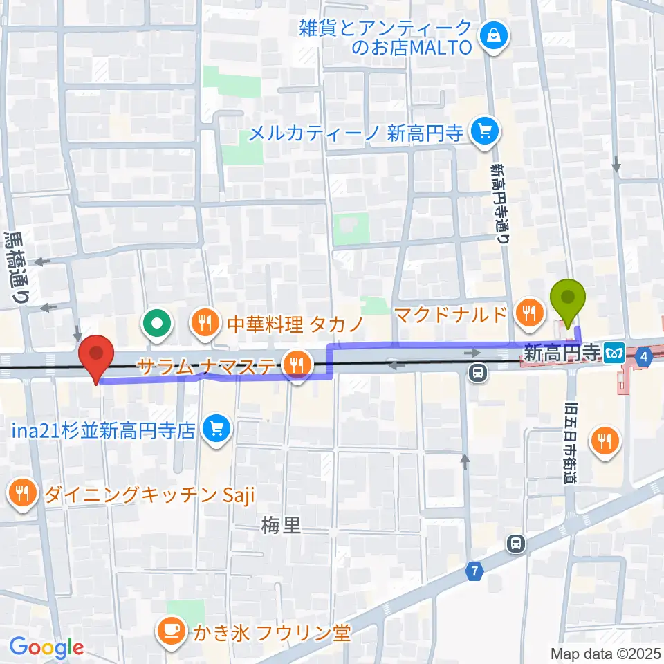 OTOlabの最寄駅新高円寺駅からの徒歩ルート（約6分）地図